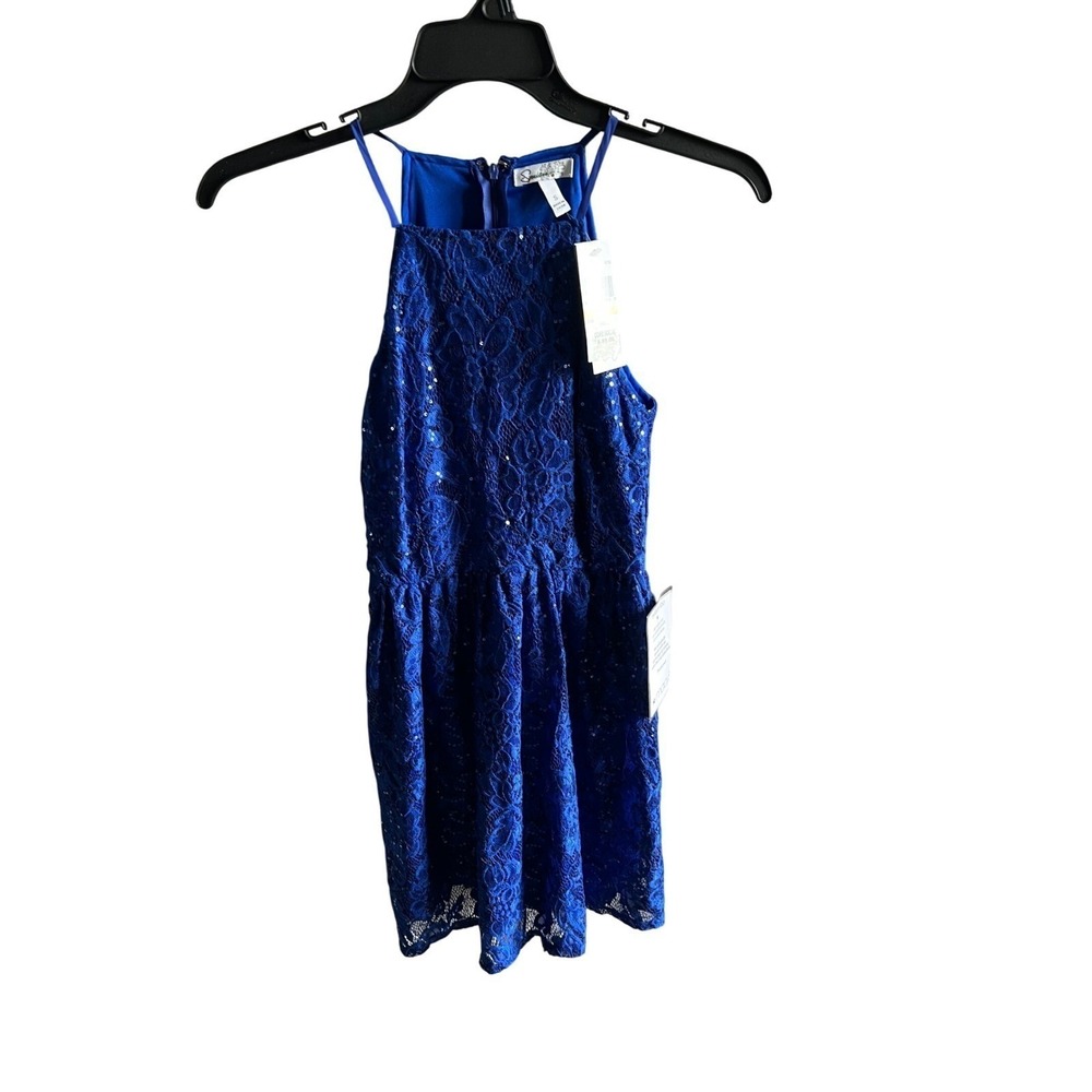 NEW Speechless Royal Blue Sequin Floral Lace High Neck Fit and Flare Dress Sm